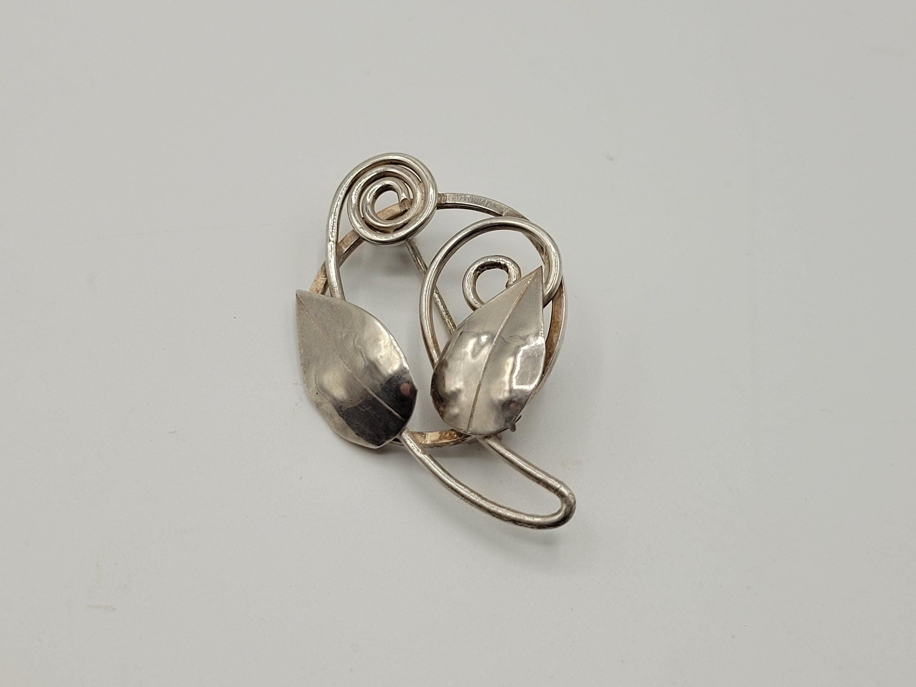 Vintage Silver Leaf Brooch Possibly Danish? Spiral Design 4.69 Grams