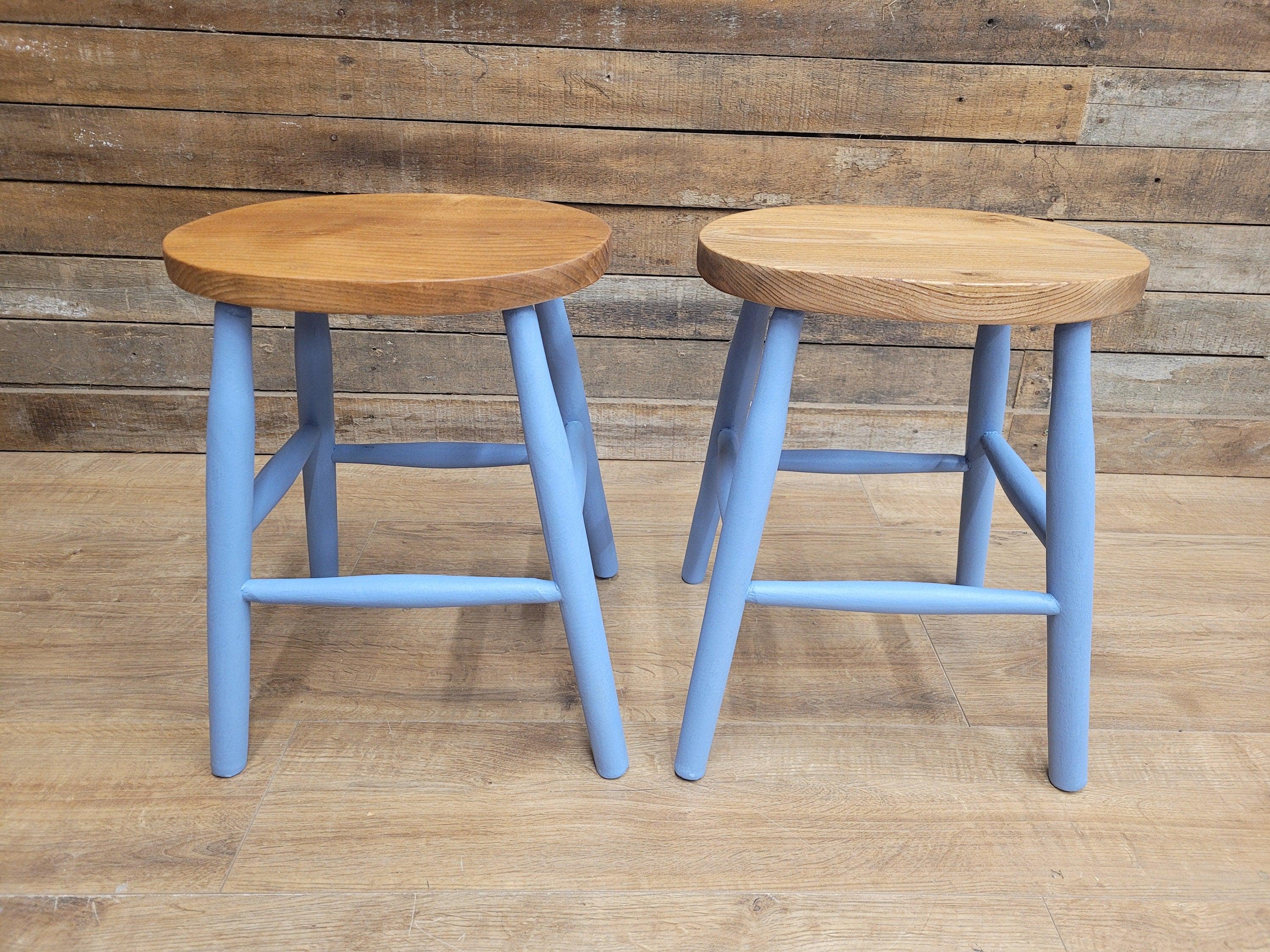 Two Vintage Oak Oval Stools Annie Sloan Painted Base Sanded Oiled Seats