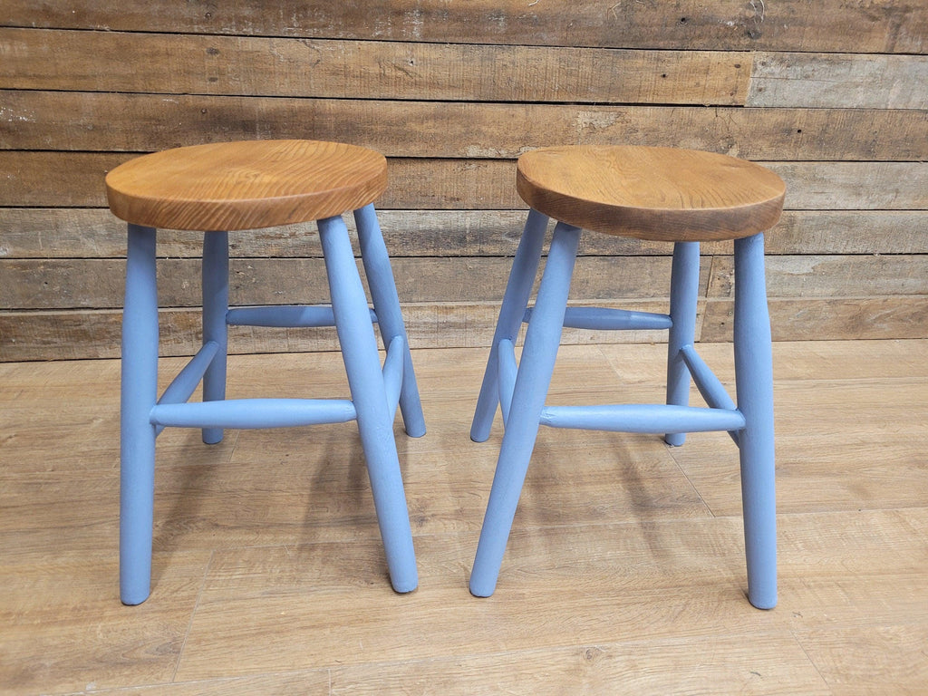 Two Vintage Oak Oval Stools Annie Sloan Painted Base Sanded Oiled Seats
