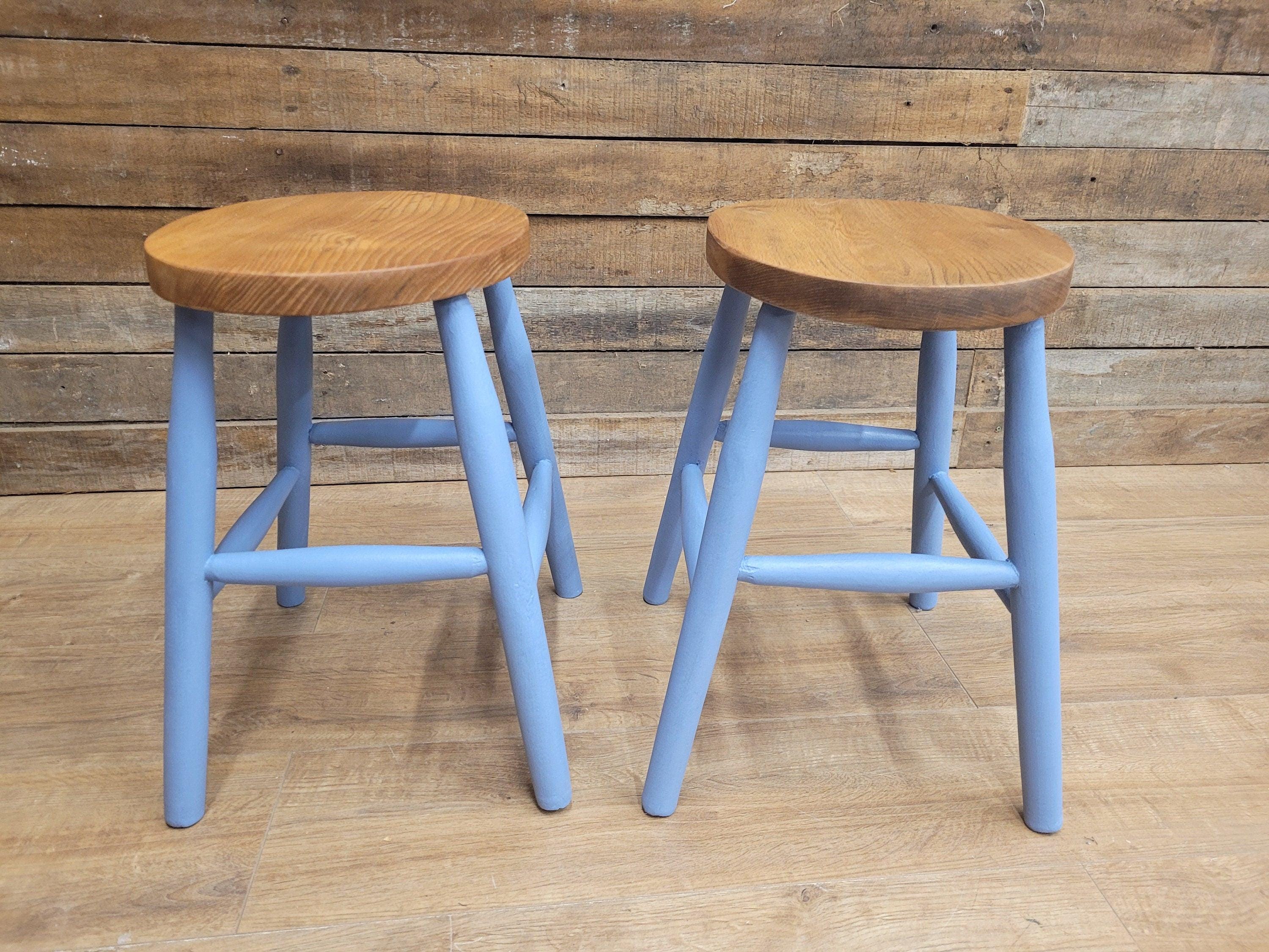 Two Vintage Oak Oval Stools Annie Sloan Painted Base Sanded Oiled Seats