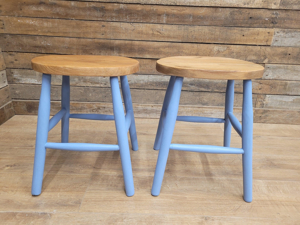 Two Vintage Oak Oval Stools Annie Sloan Painted Base Sanded Oiled Seats