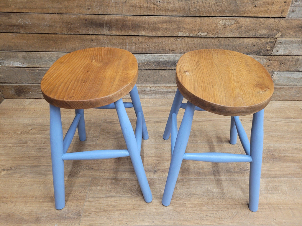 Two Vintage Oak Oval Stools Annie Sloan Painted Base Sanded Oiled Seats