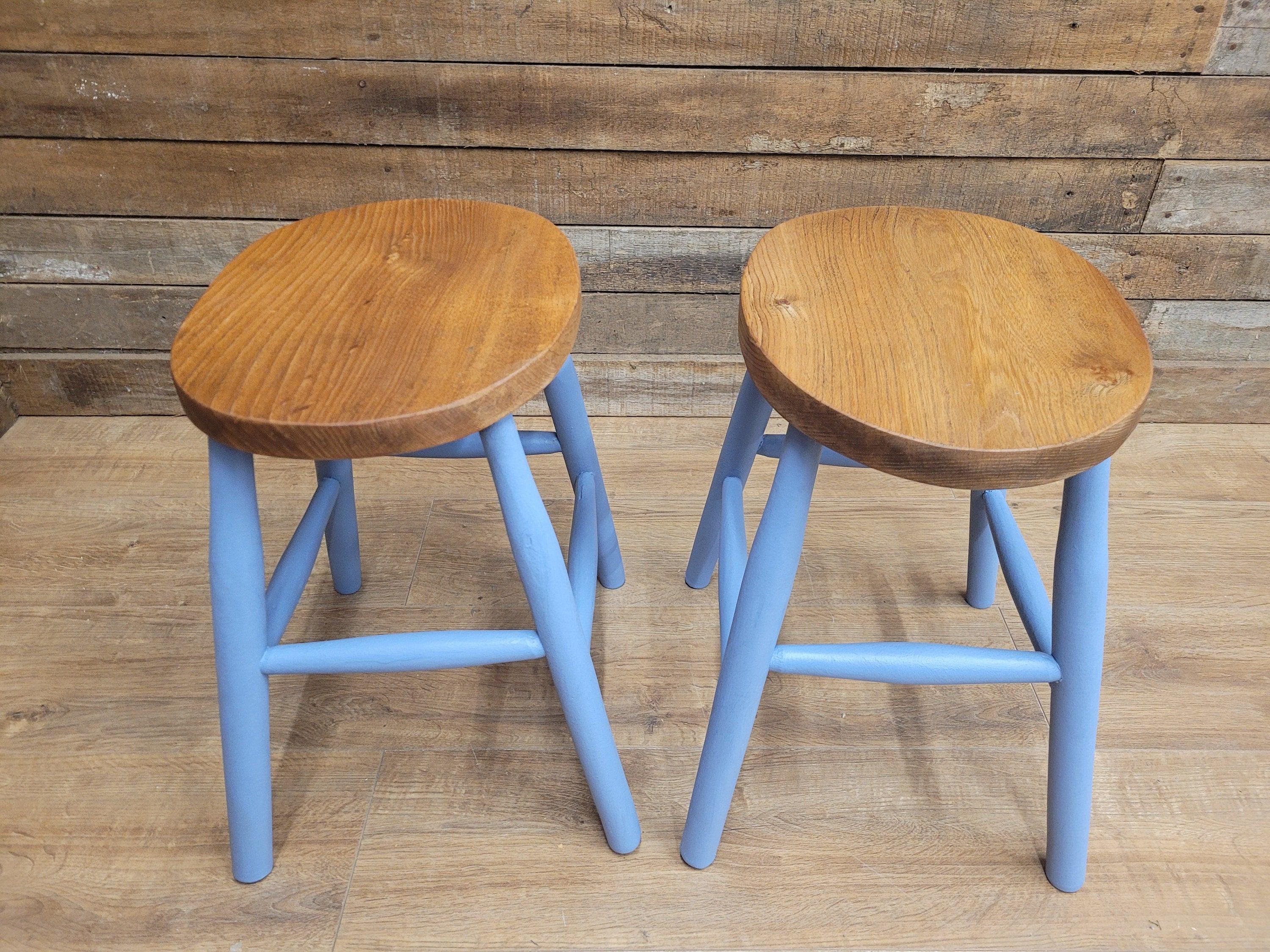 Two Vintage Oak Oval Stools Annie Sloan Painted Base Sanded Oiled Seats