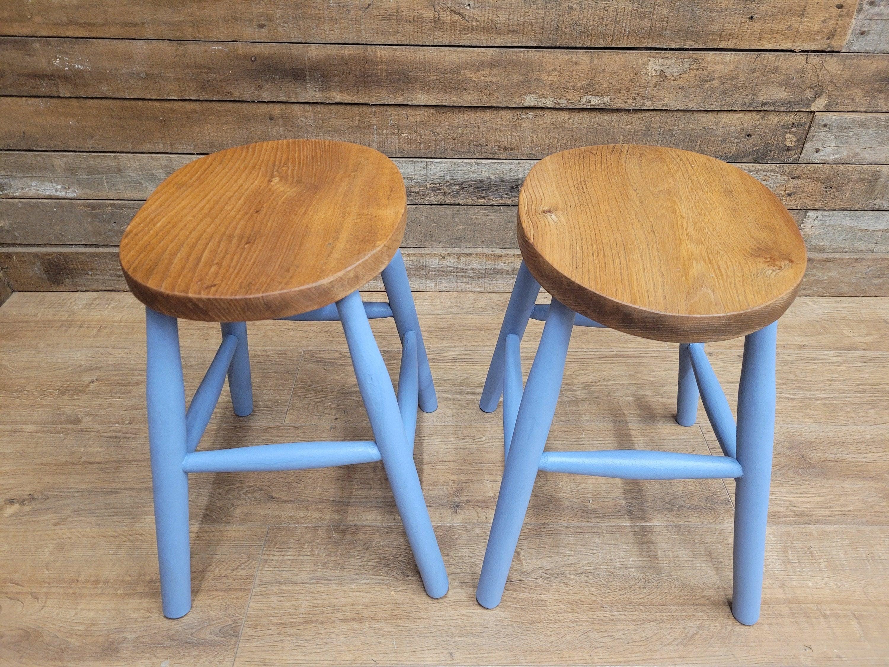 Two Vintage Oak Oval Stools Annie Sloan Painted Base Sanded Oiled Seats
