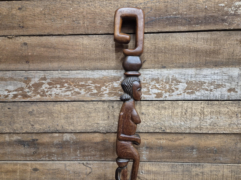 Antique Tall African Tribal Carved Walking Stick Hand Crafted Nude Snake Faces
