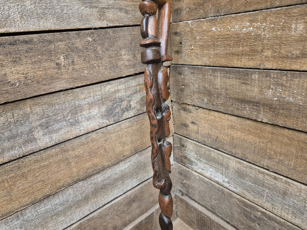 Antique Tall African Tribal Carved Walking Stick Hand Crafted Nude Snake Faces