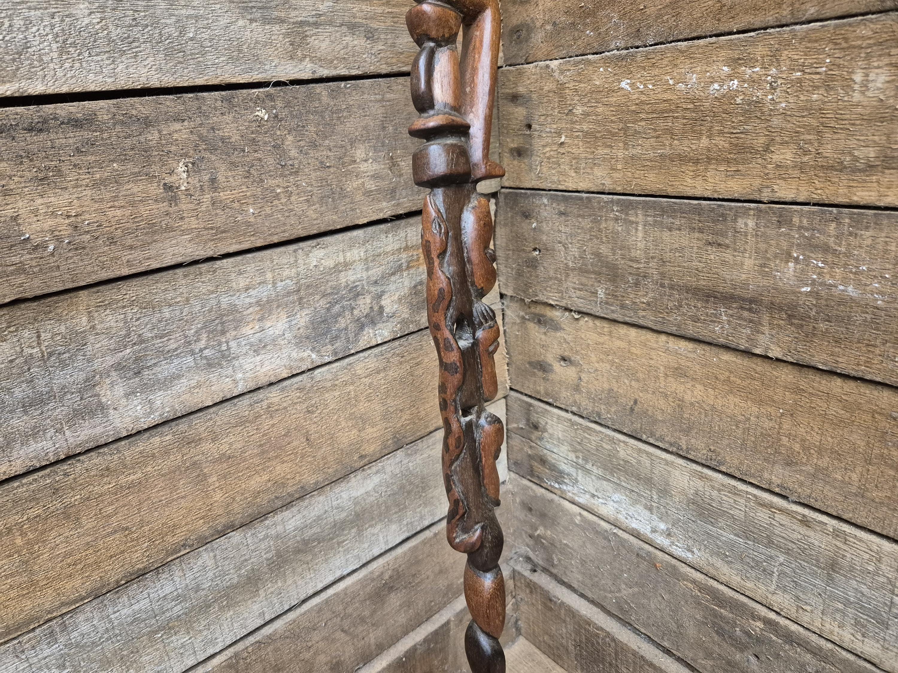 Antique Tall African Tribal Carved Walking Stick Hand Crafted Nude Snake Faces