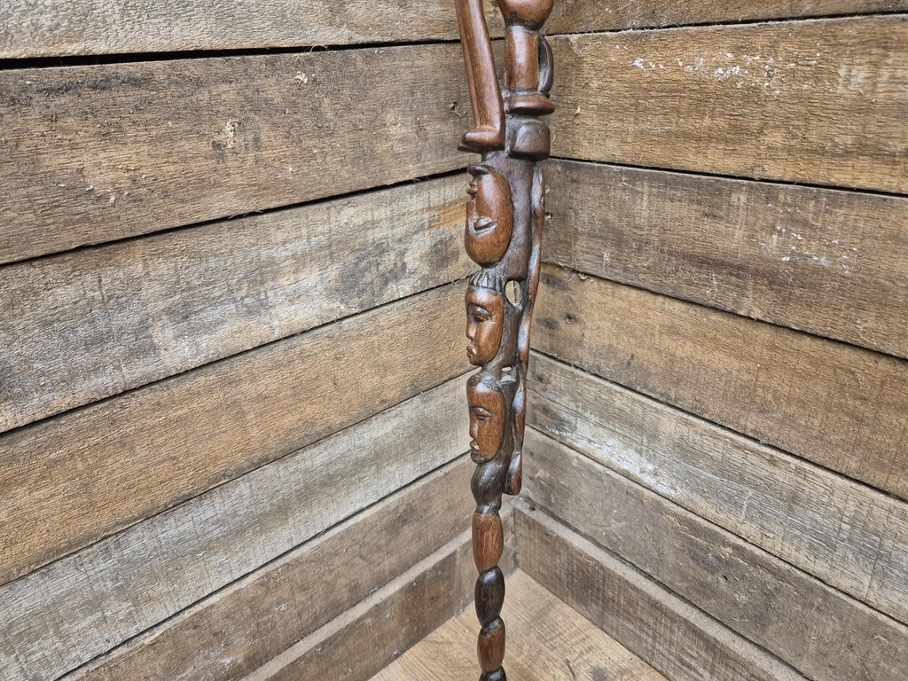 Antique Tall African Tribal Carved Walking Stick Hand Crafted Nude Snake Faces