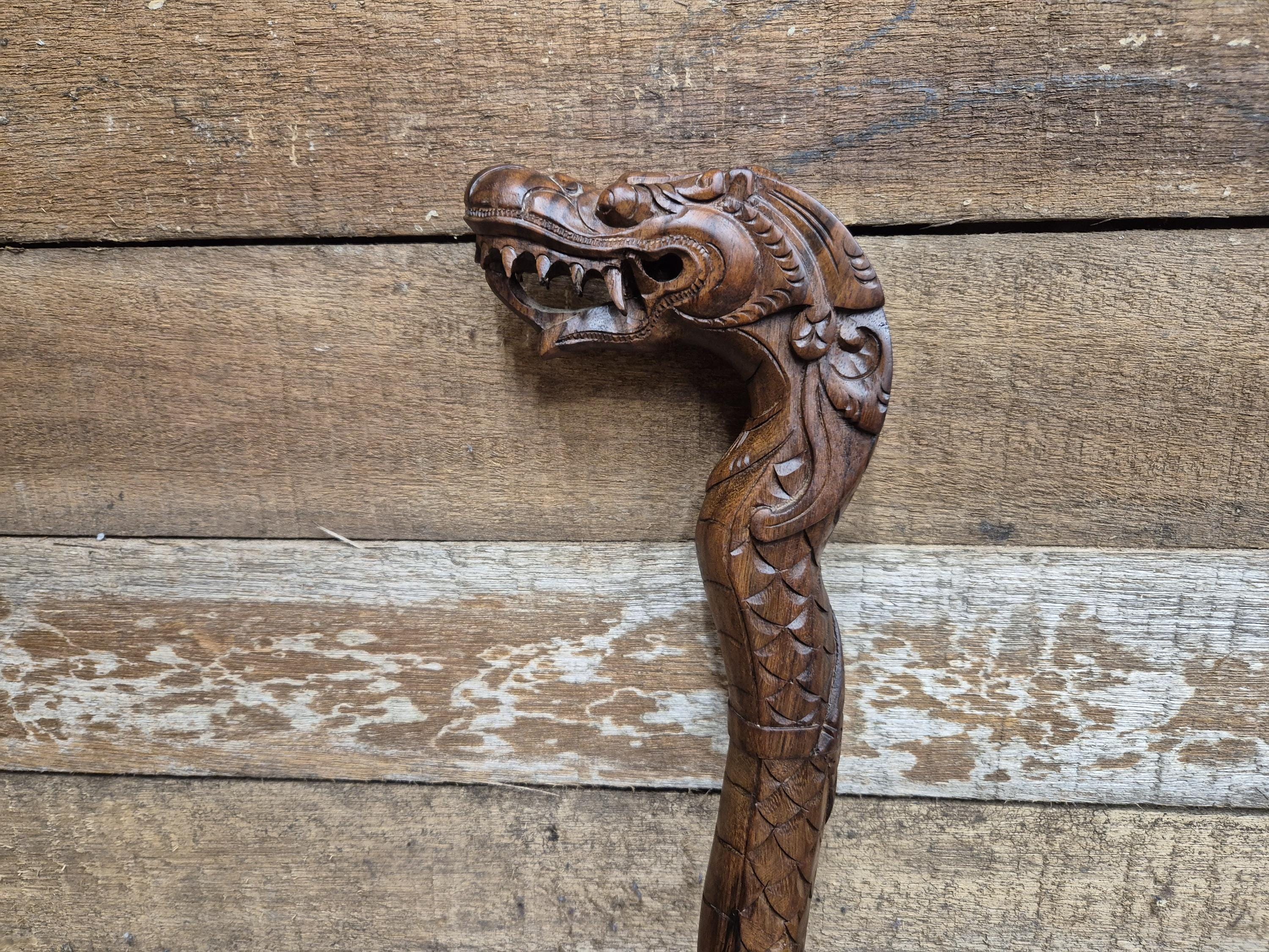 Vintage Hand Crafted Carved Dragon Head Wooden Walking Stick
