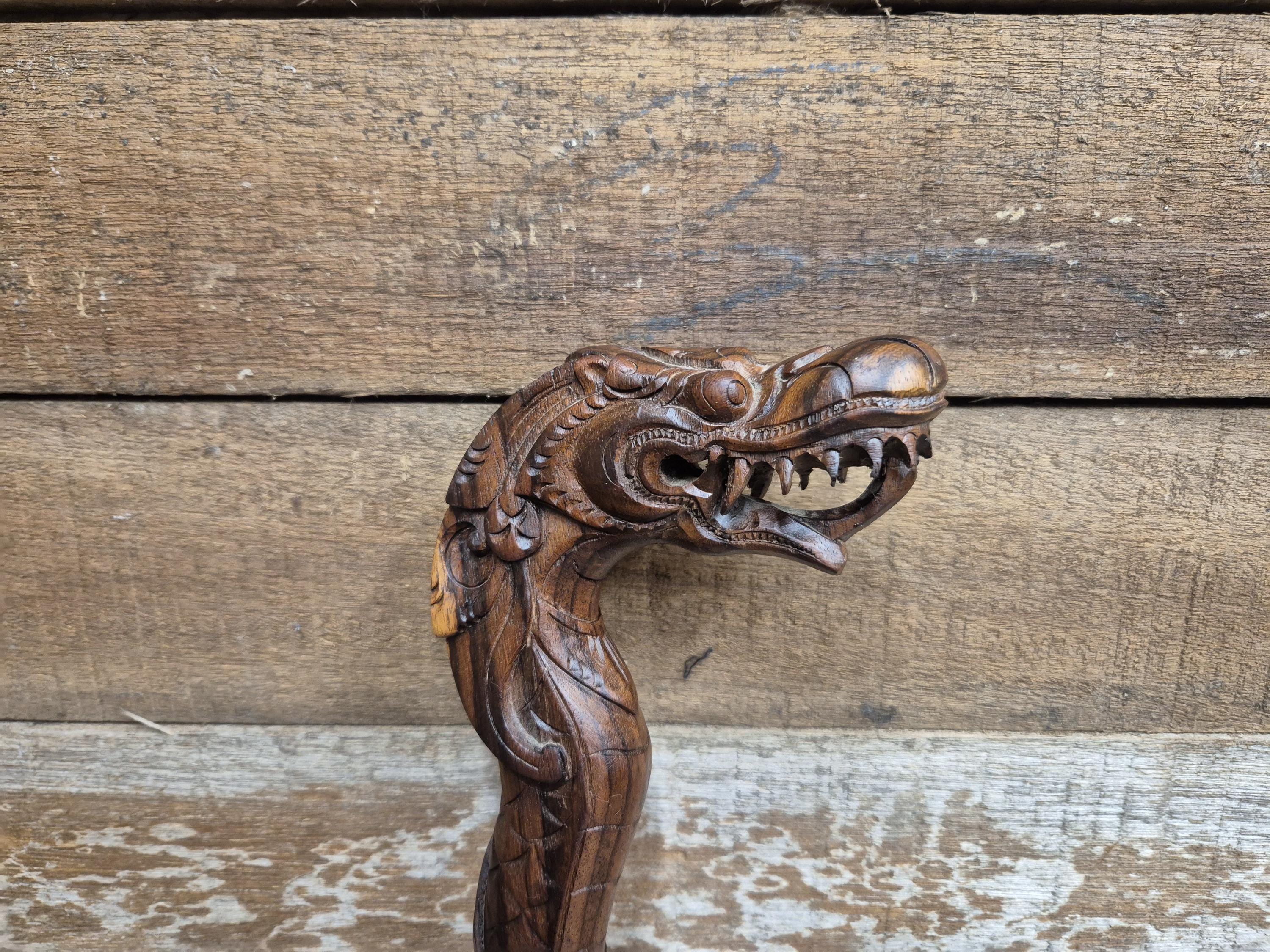 Vintage Hand Crafted Carved Dragon Head Wooden Walking Stick