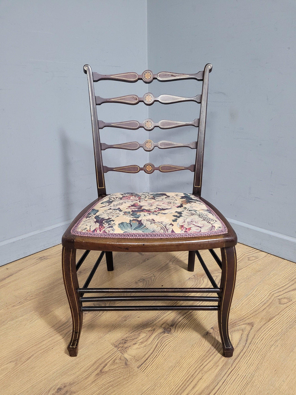 Antique Edwardian Hall Bedroom Chair Ladder Back Inlaid Detail Floral Seat