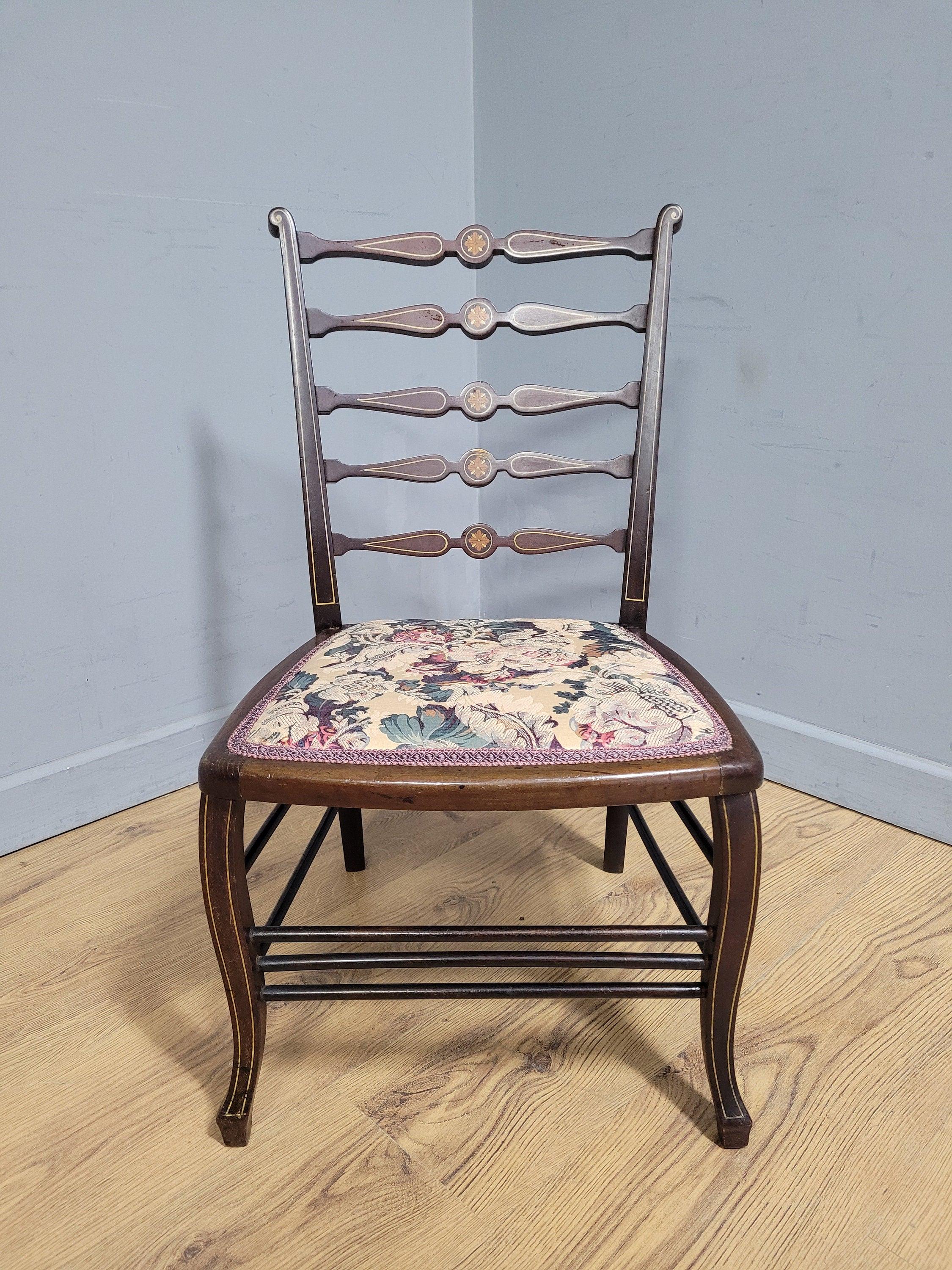 Antique Edwardian Hall Bedroom Chair Ladder Back Inlaid Detail Floral Seat