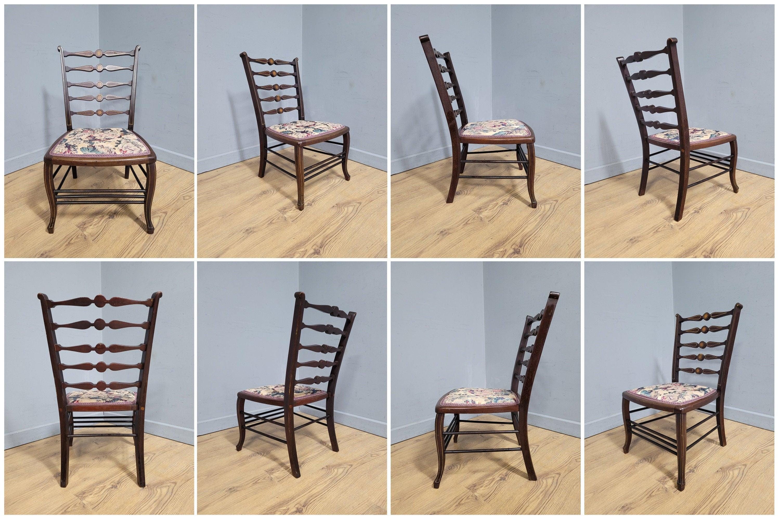 Antique Edwardian Hall Bedroom Chair Ladder Back Inlaid Detail Floral Seat