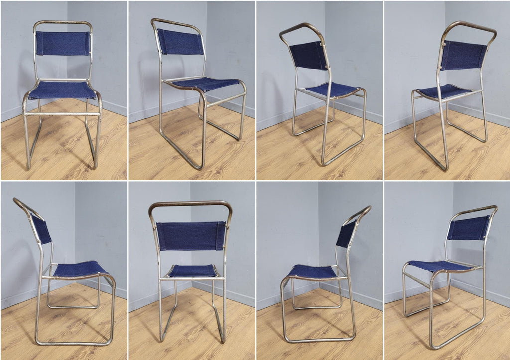 Four Mid Century Pel Cox Industrial Tubular Metal Stacking Chairs Denim Seats