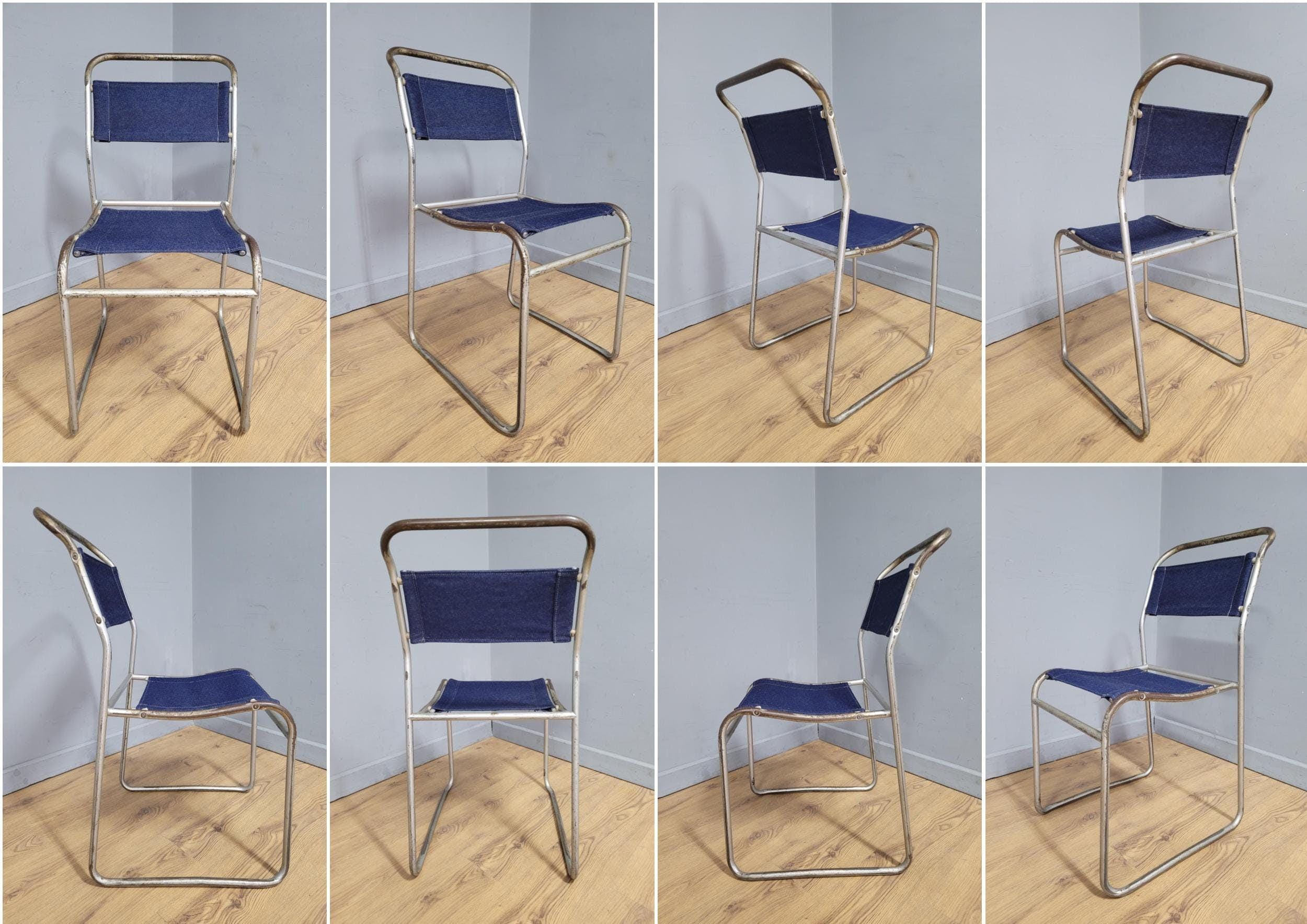 Four Mid Century Pel Cox Industrial Tubular Metal Stacking Chairs Denim Seats