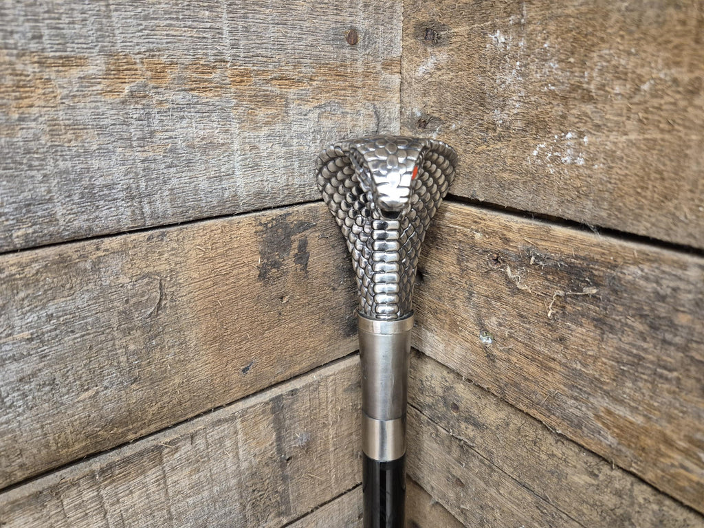 Vintage Cobra Head Walking Stick Black Shaft Silver Coloured Metal Cobra