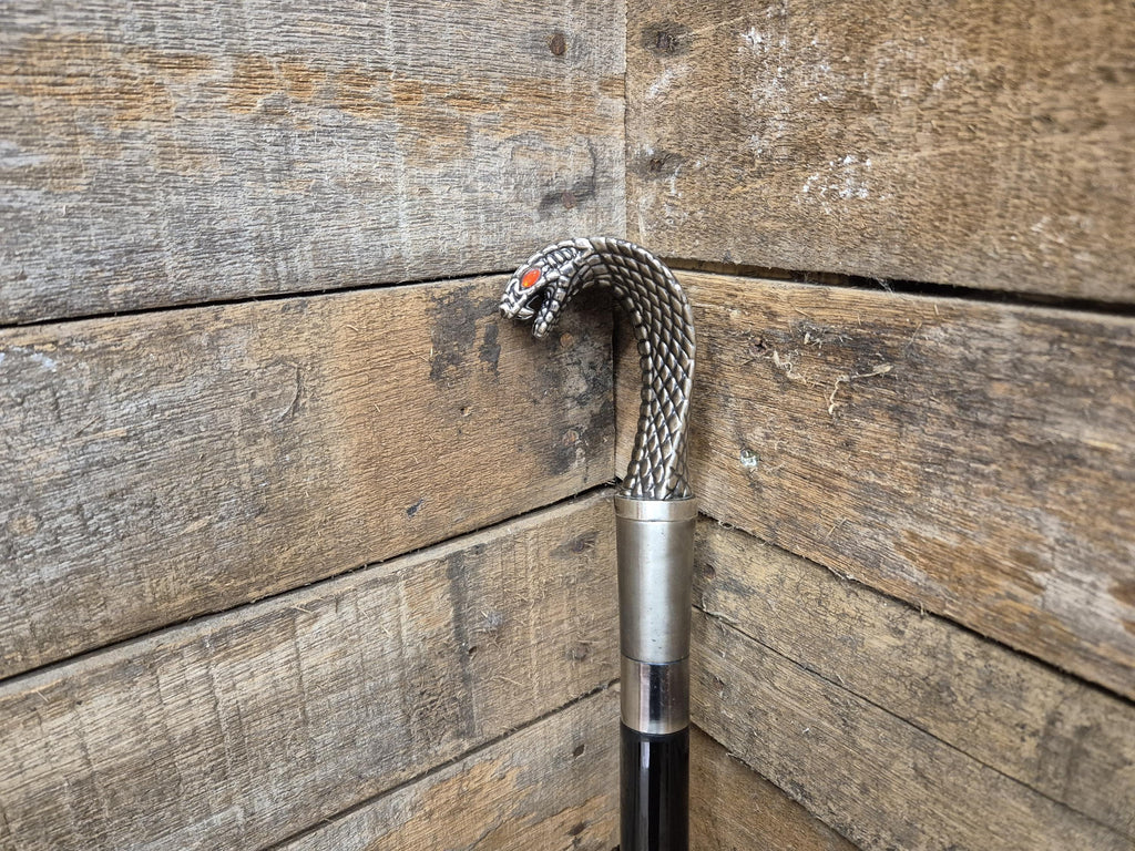 Vintage Cobra Head Walking Stick Black Shaft Silver Coloured Metal Cobra