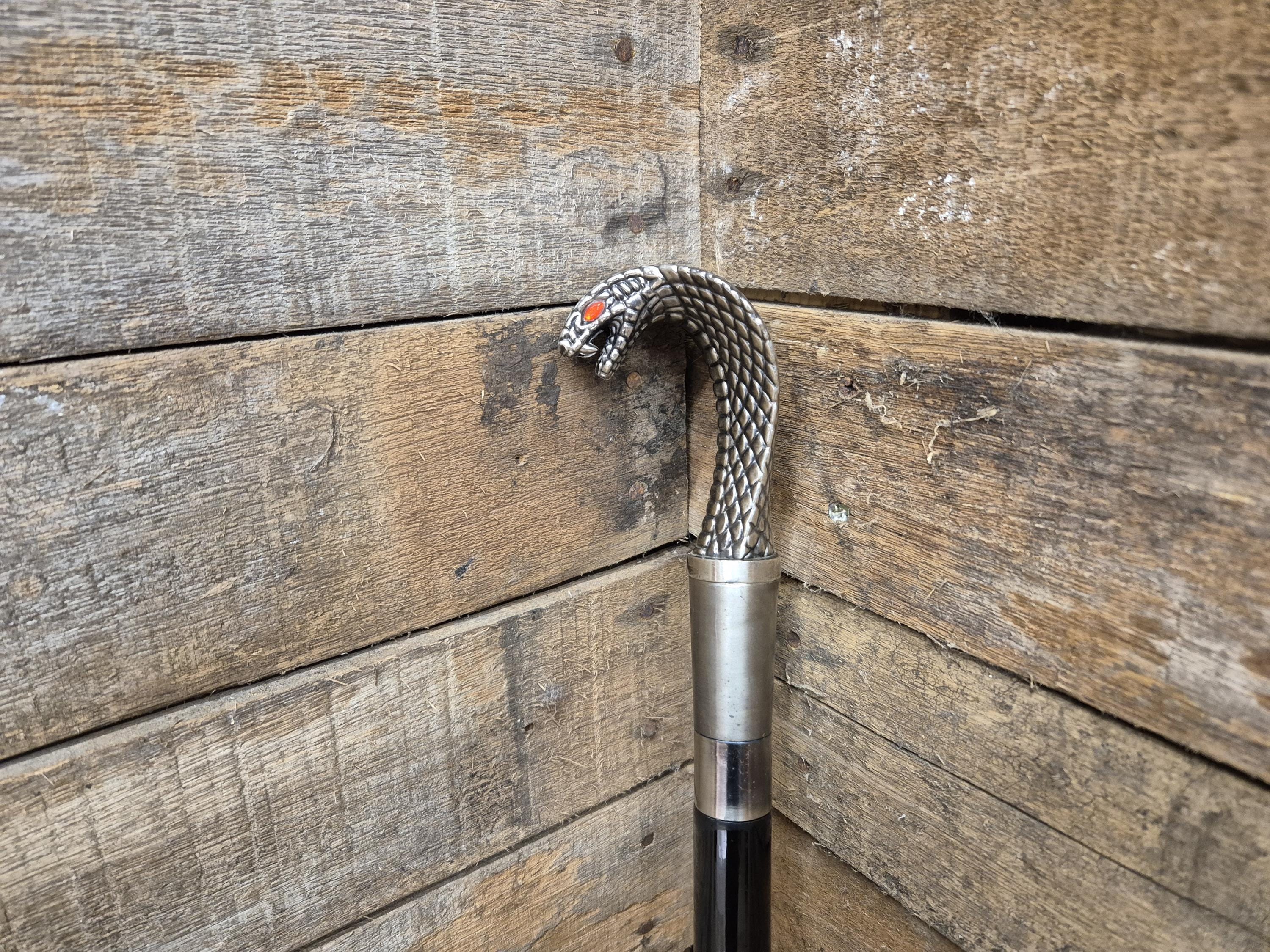 Vintage Cobra Head Walking Stick Black Shaft Silver Coloured Metal Cobra