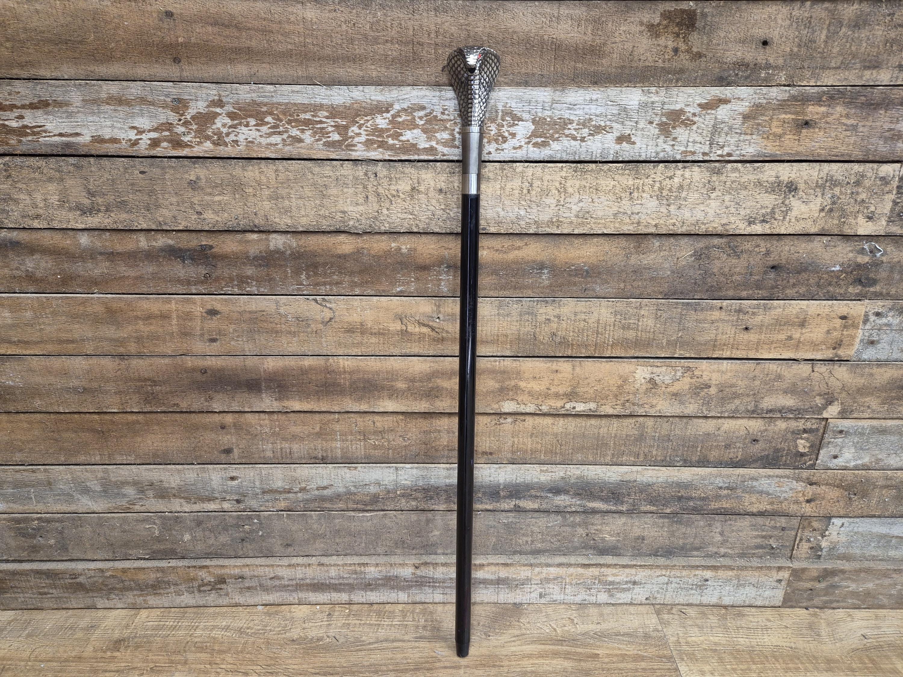 Vintage Cobra Head Walking Stick Black Shaft Silver Coloured Metal Cobra