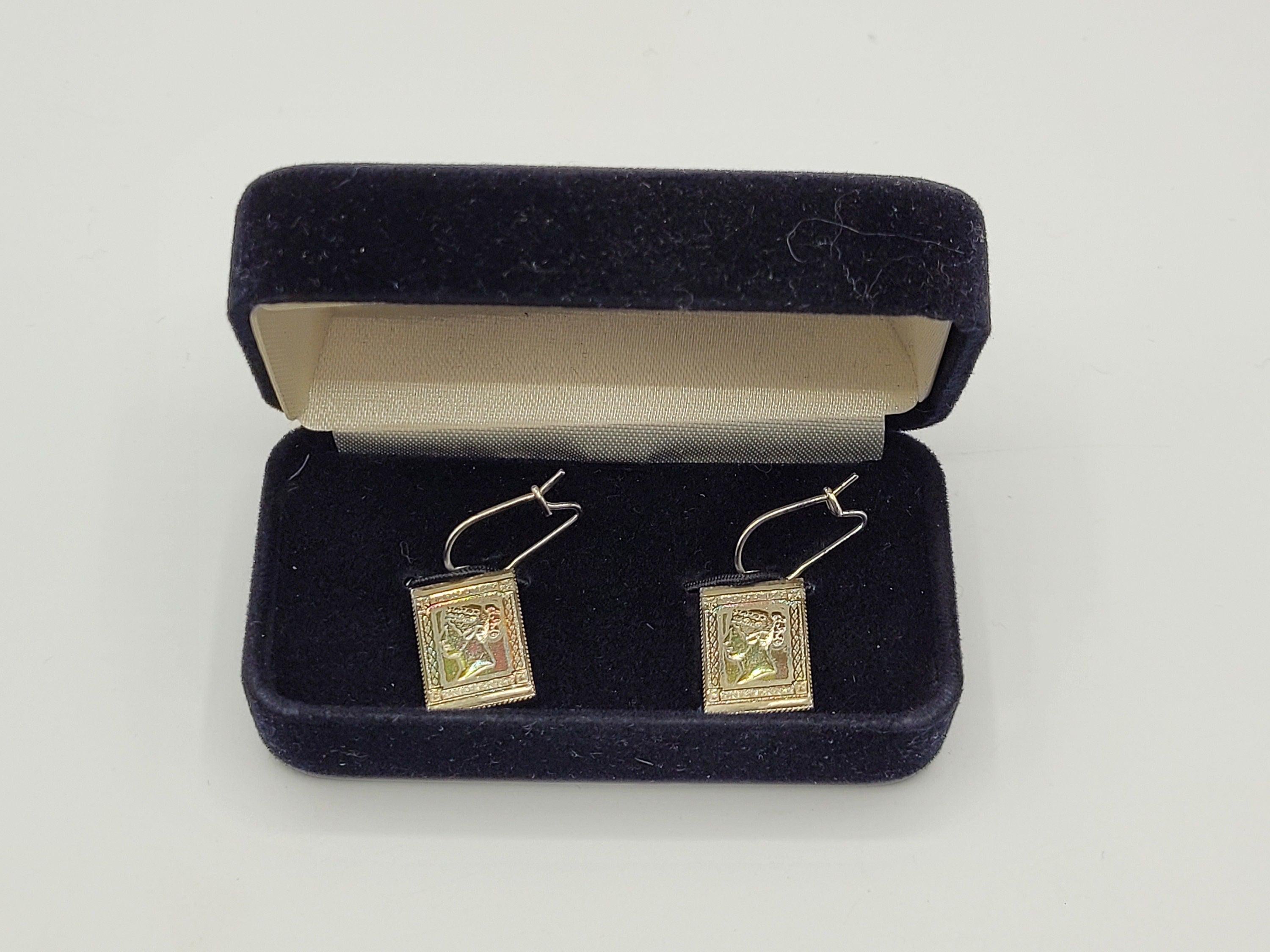 Vintage Sterling Silver Penny Black Stamp Designed Drop Earrings