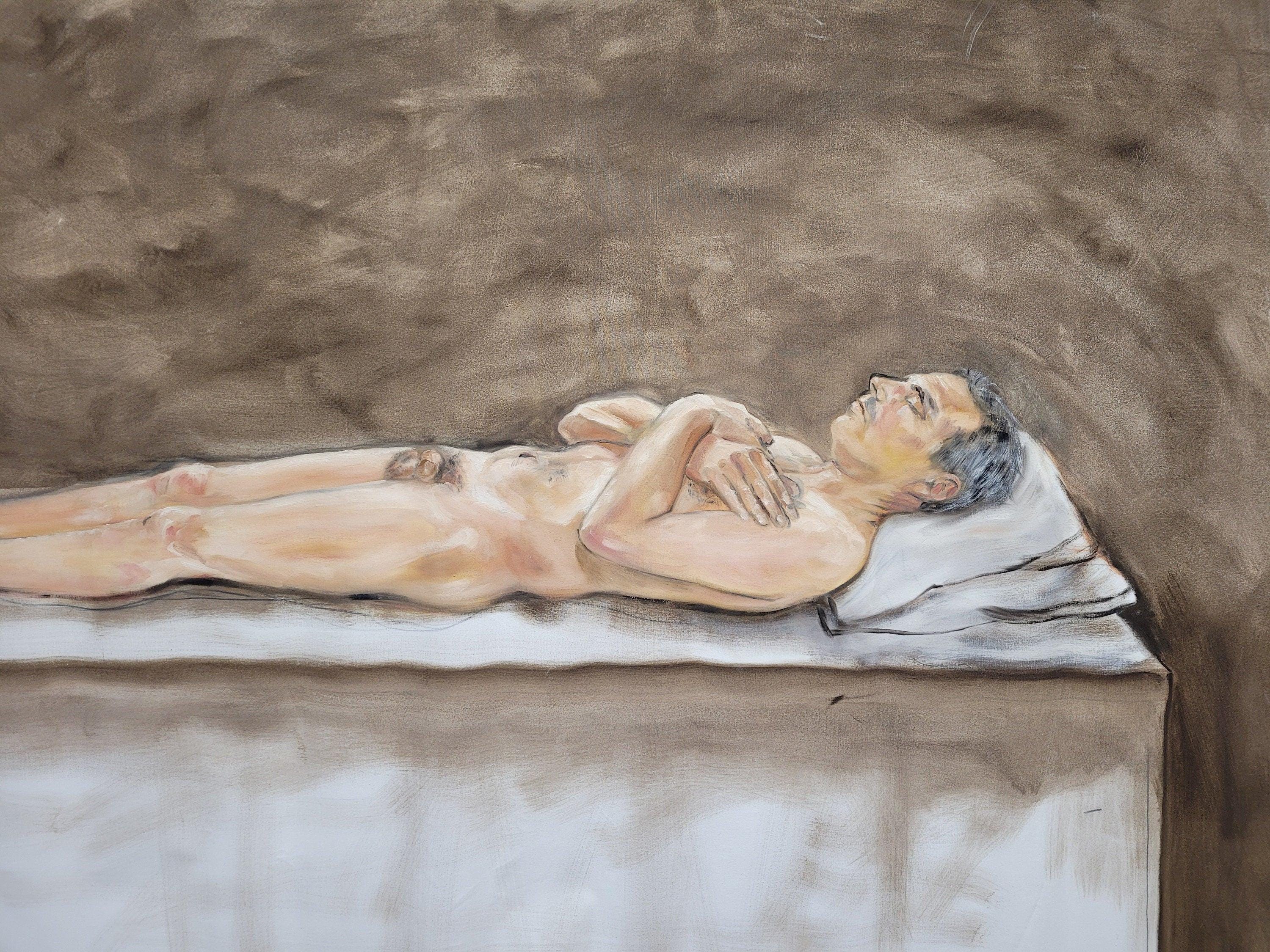 Large 6x7.5ft Contemporary Oil Painting Male Nude on Bed Figurative Modern Art