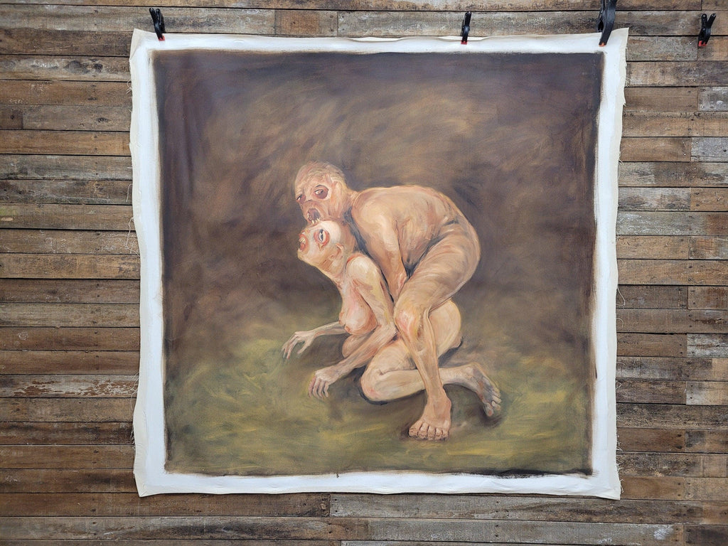 Large 6ft Surreal Oil Painting Grotesque Figures Modern Dark Expressionist Art