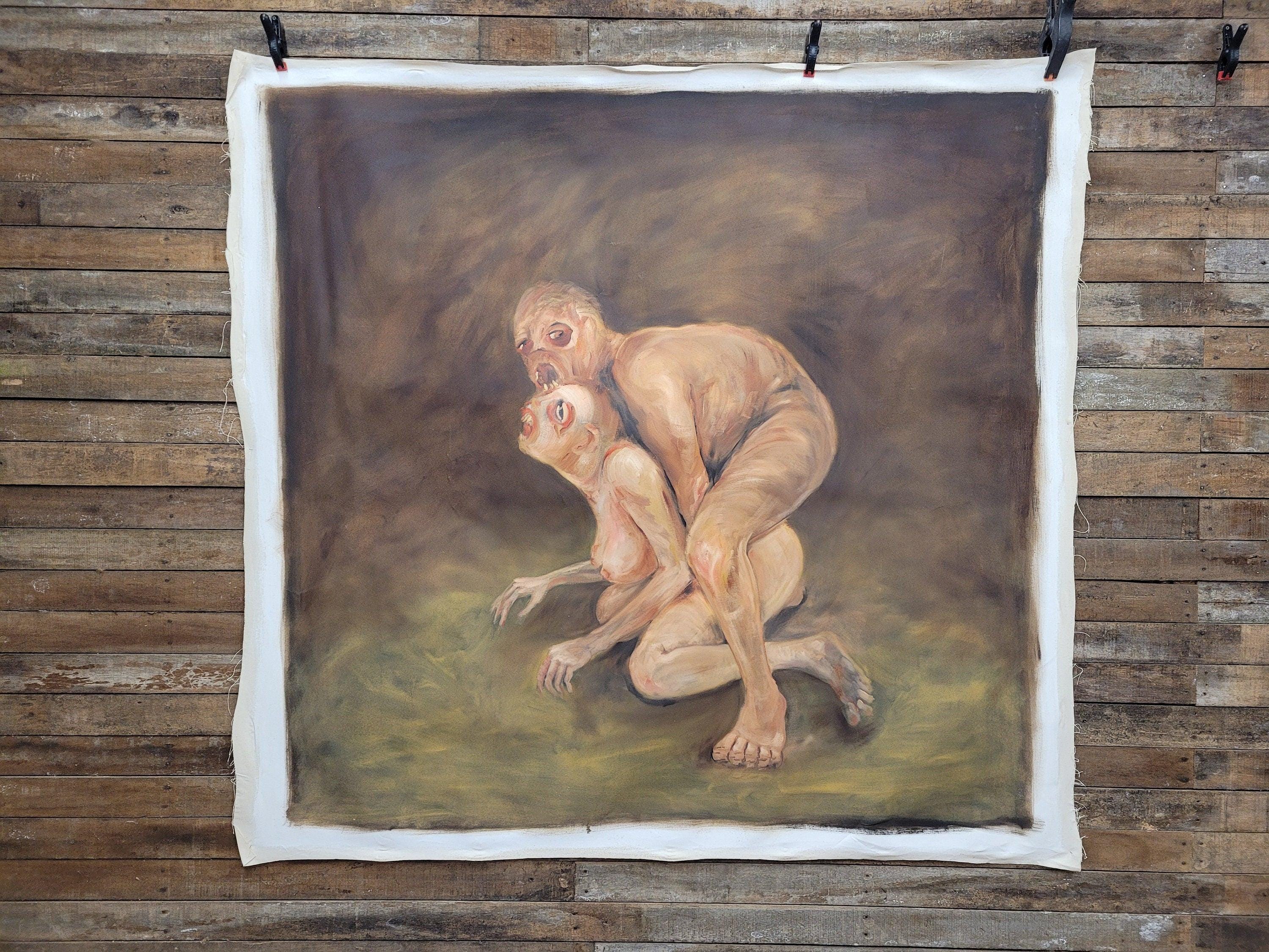 Large 6ft Surreal Oil Painting Grotesque Figures Modern Dark Expressionist Art