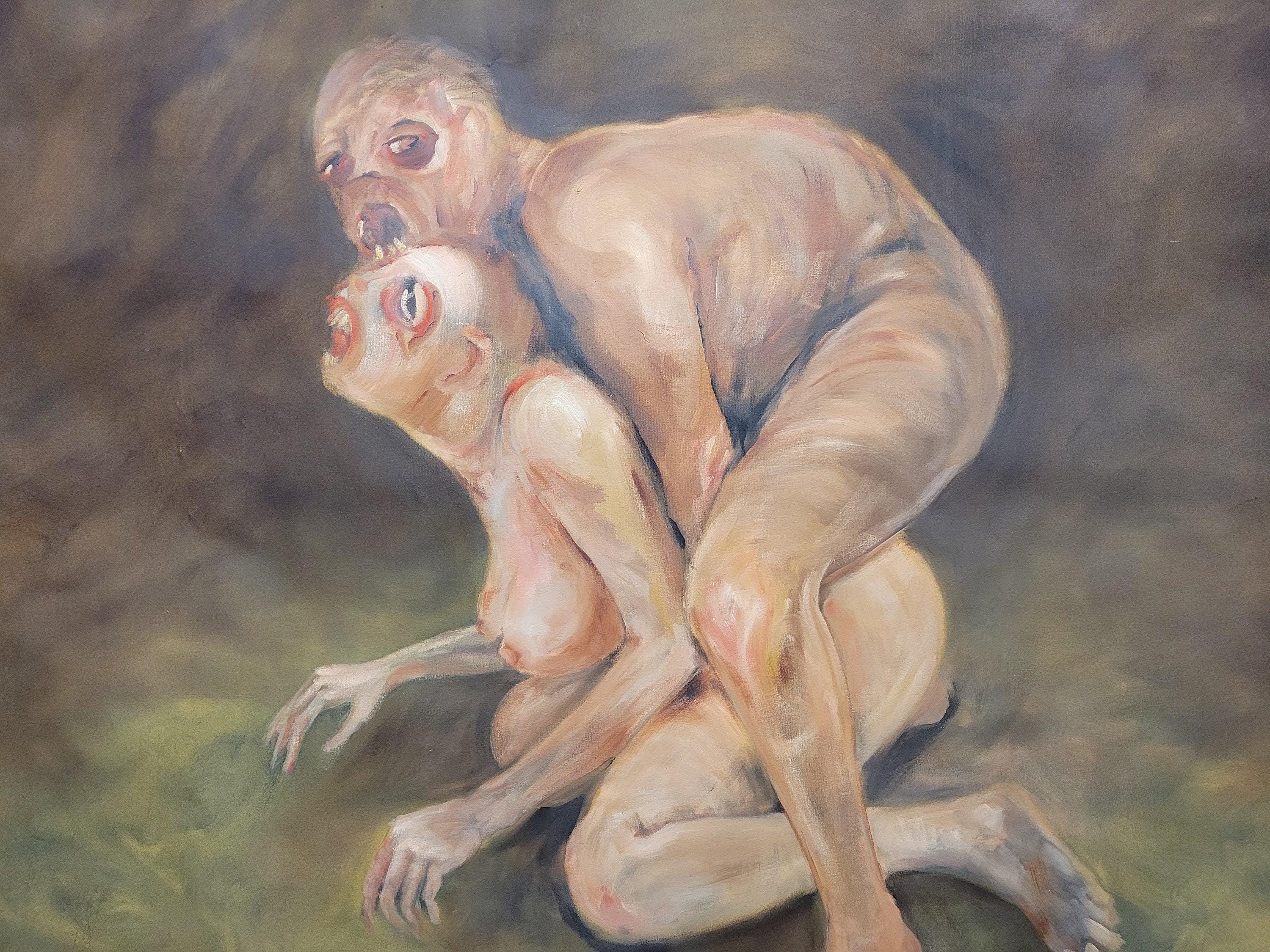 Large 6ft Surreal Oil Painting Grotesque Figures Modern Dark Expressionist Art