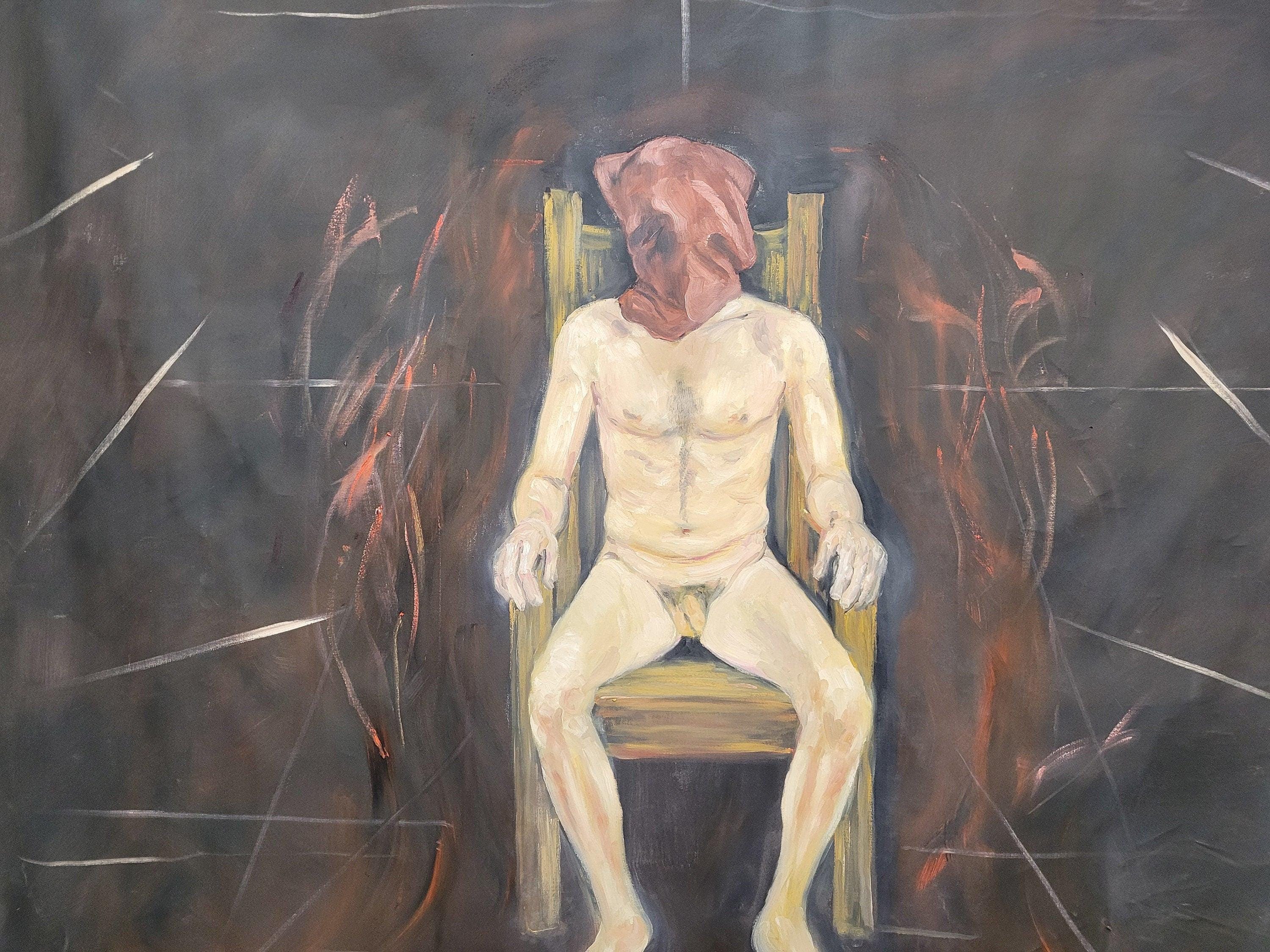 Large 6x7ft Surreal Oil Painting Nude Figure on Chair Modern Expressionist Art