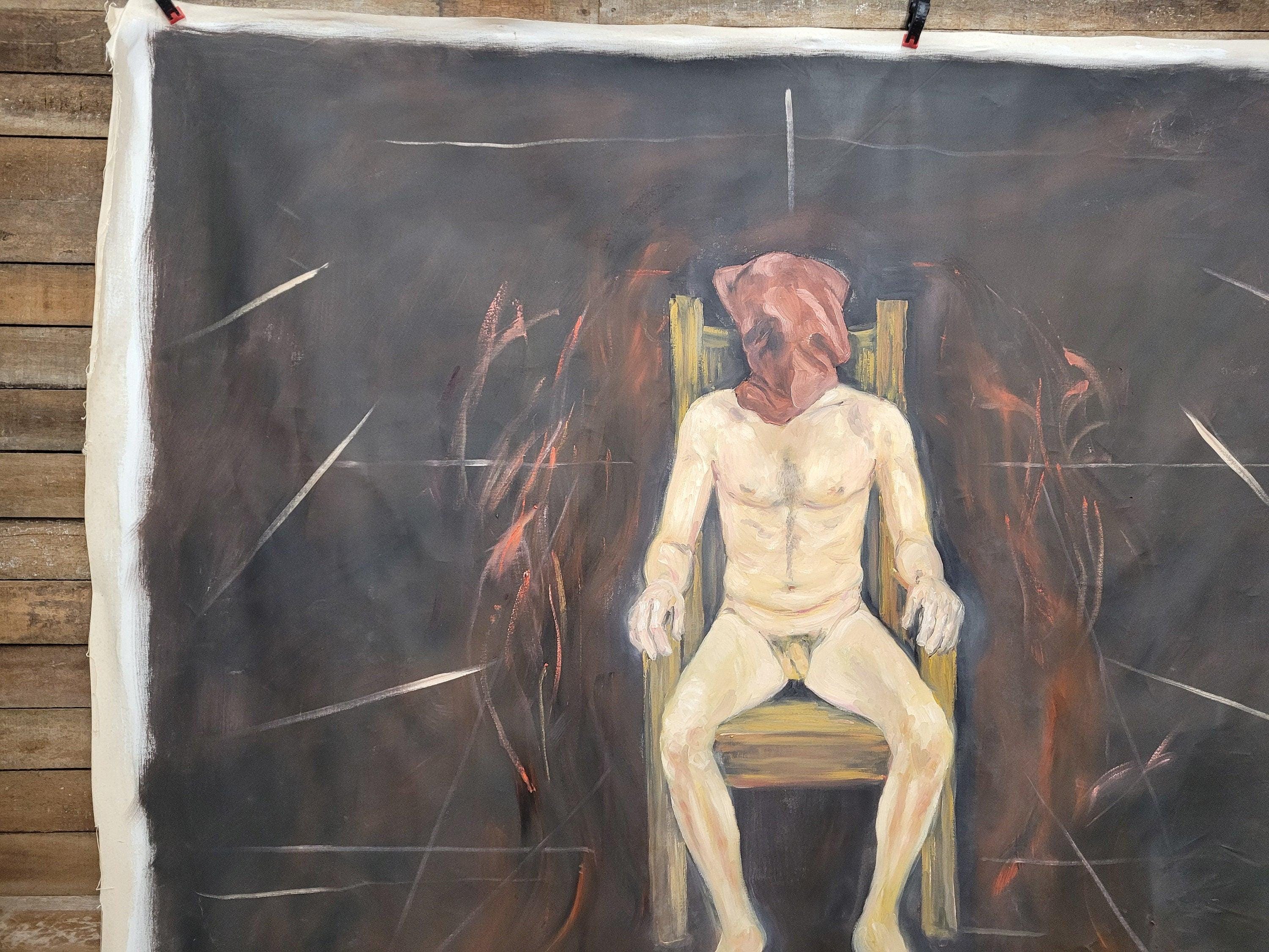 Large 6x7ft Surreal Oil Painting Nude Figure on Chair Modern Expressionist Art