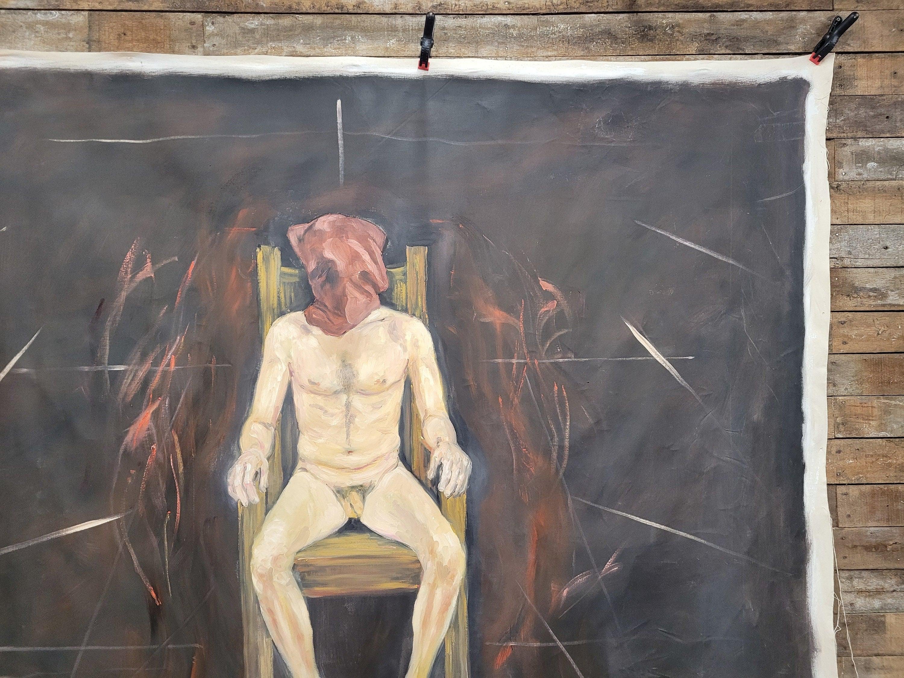 Large 6x7ft Surreal Oil Painting Nude Figure on Chair Modern Expressionist Art