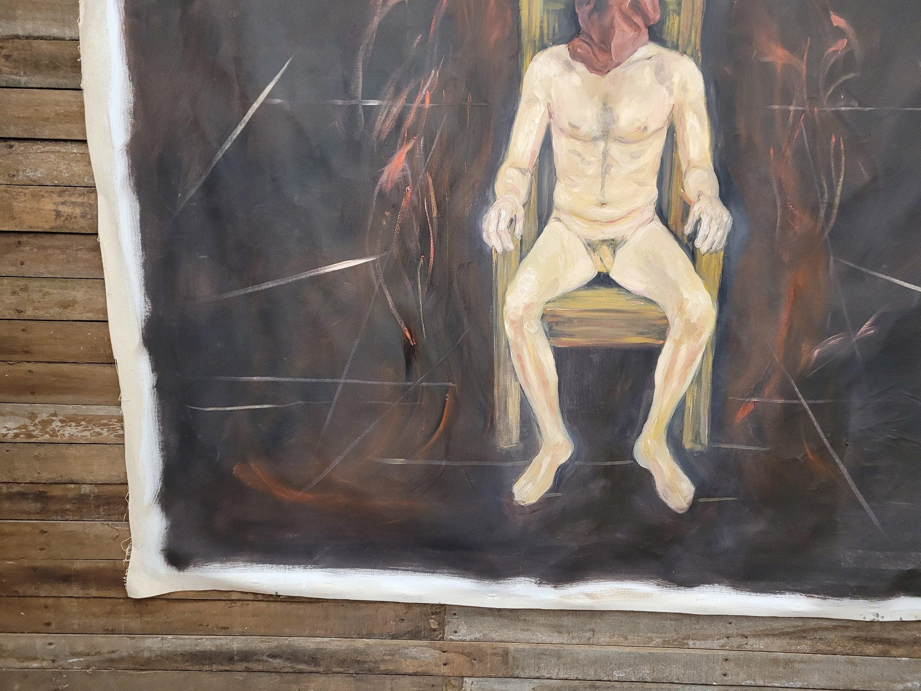 Large 6x7ft Surreal Oil Painting Nude Figure on Chair Modern Expressionist Art