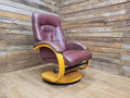 Vintage Burgundy Faux Leather Recliner Chair with Blonde Base Swivel & Recline