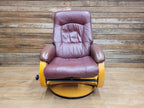 Vintage Burgundy Faux Leather Recliner Chair with Blonde Base Swivel & Recline