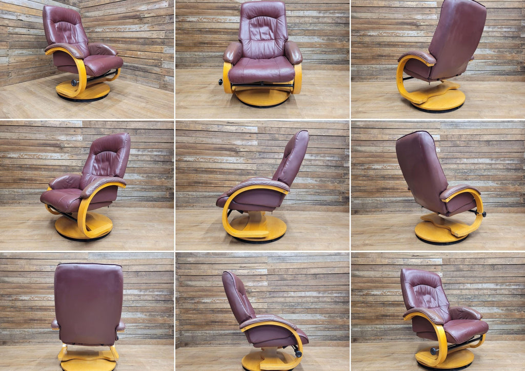 Vintage Burgundy Faux Leather Recliner Chair with Blonde Base Swivel & Recline
