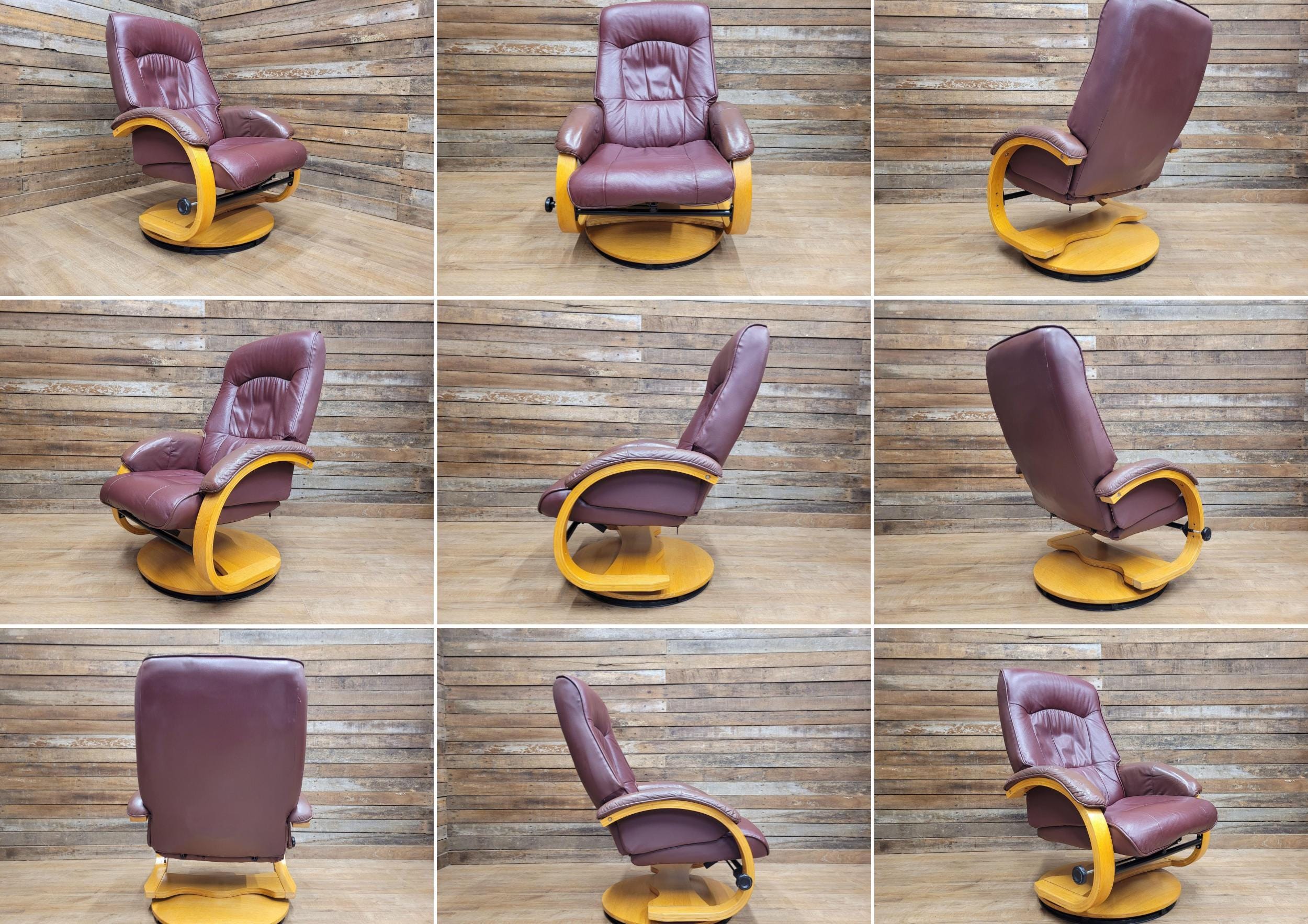 Vintage Burgundy Faux Leather Recliner Chair with Blonde Base Swivel & Recline