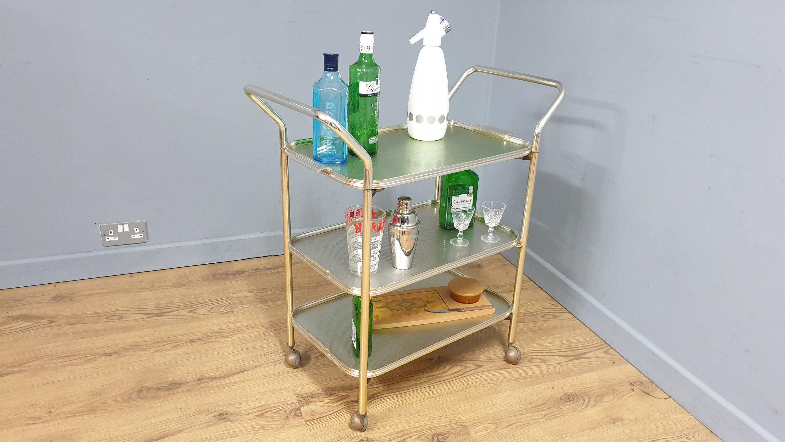 Mid Century Three Tier Retro Drinks Cocktail Trolley Removable Trays Foldable