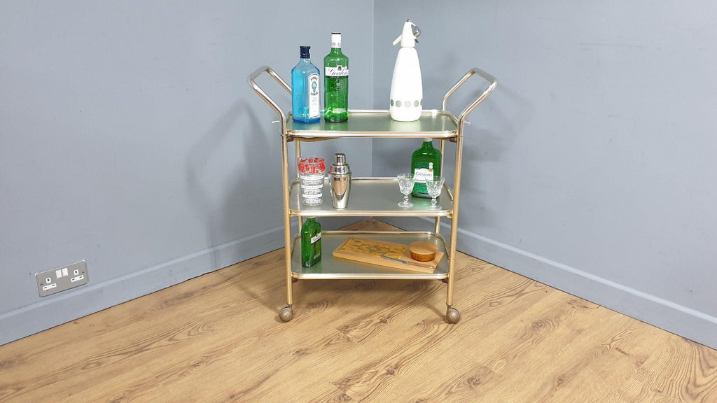 Mid Century Three Tier Retro Drinks Cocktail Trolley Removable Trays Foldable