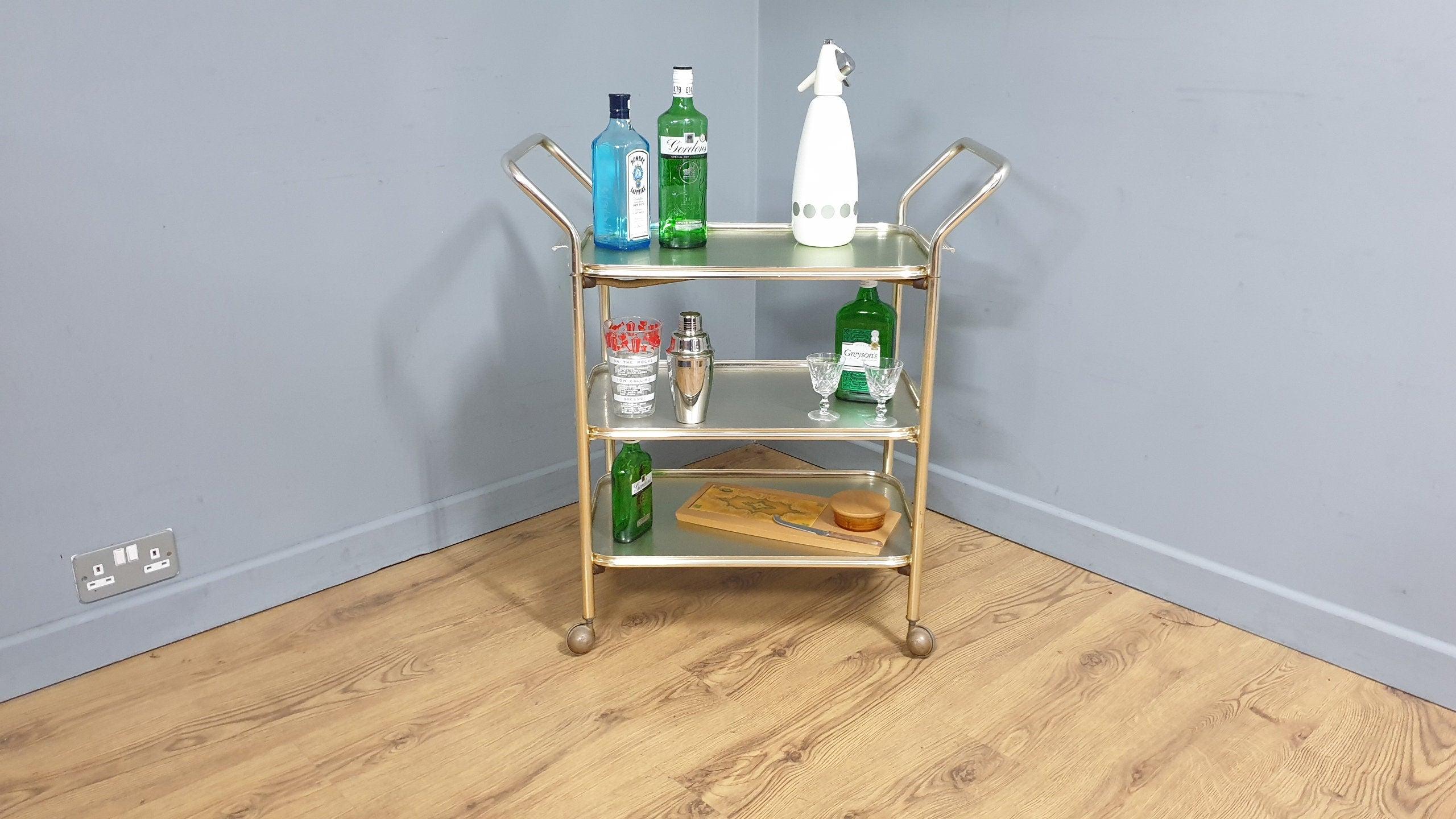 Mid Century Three Tier Retro Drinks Cocktail Trolley Removable Trays Foldable