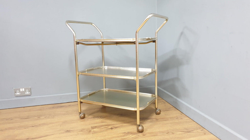 Mid Century Three Tier Retro Drinks Cocktail Trolley Removable Trays Foldable