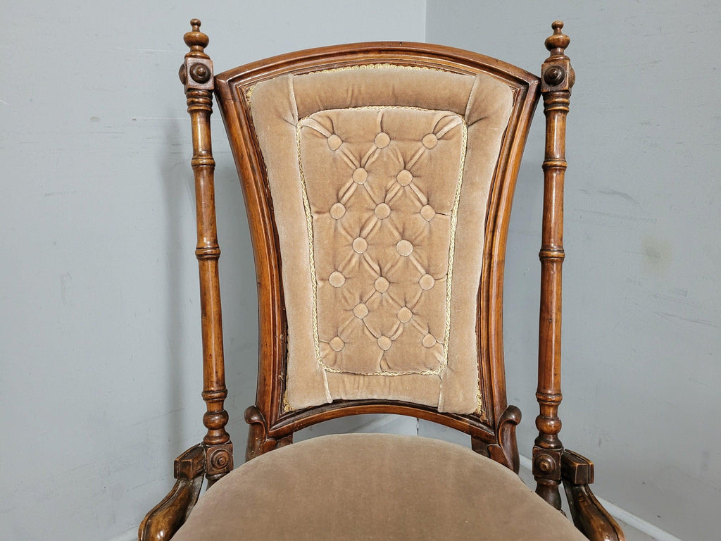 Antique Victorian Mahogany Buttoned Back Nursing Chair Carved Detail