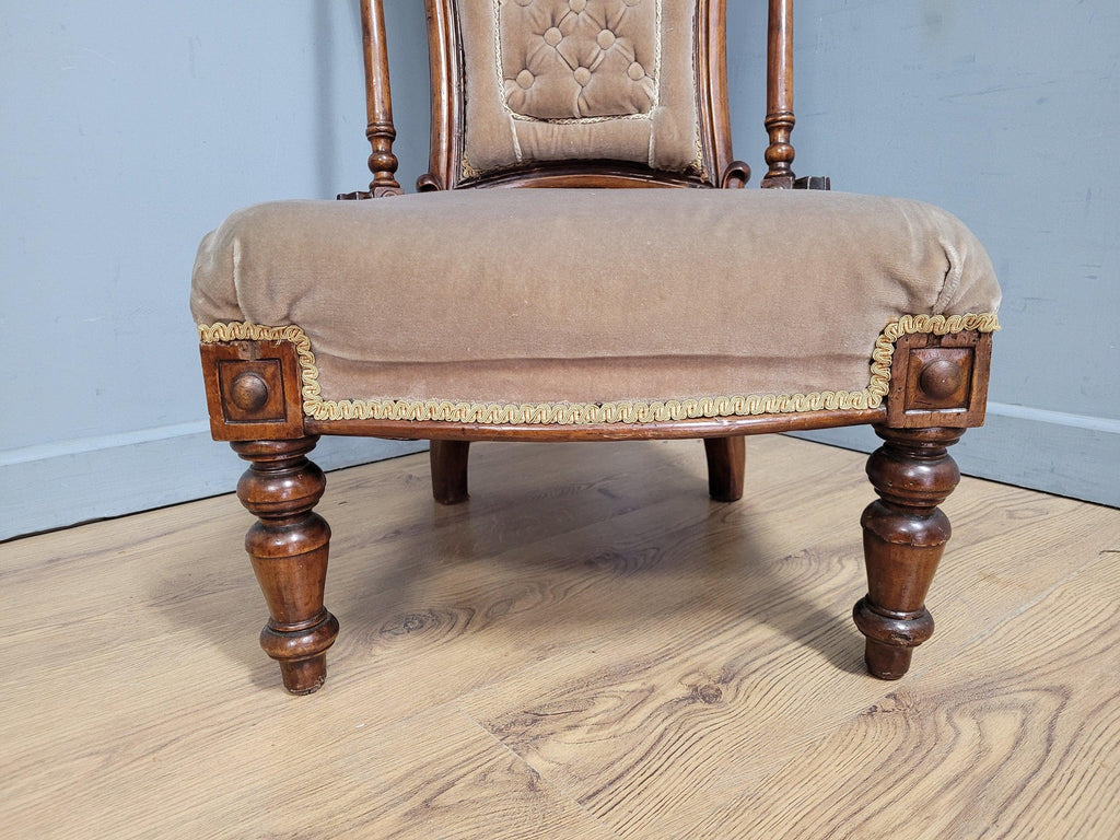 Antique Victorian Mahogany Buttoned Back Nursing Chair Carved Detail