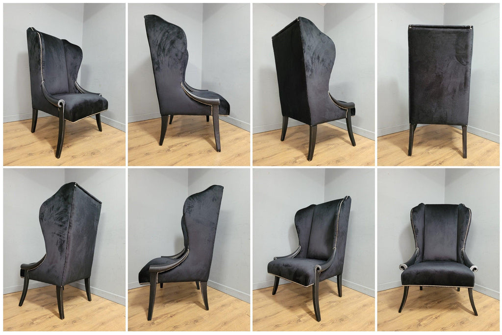 Stylish Upholstered Black Velvet Wingback Armchair Scrolled Arms Chrome Studs