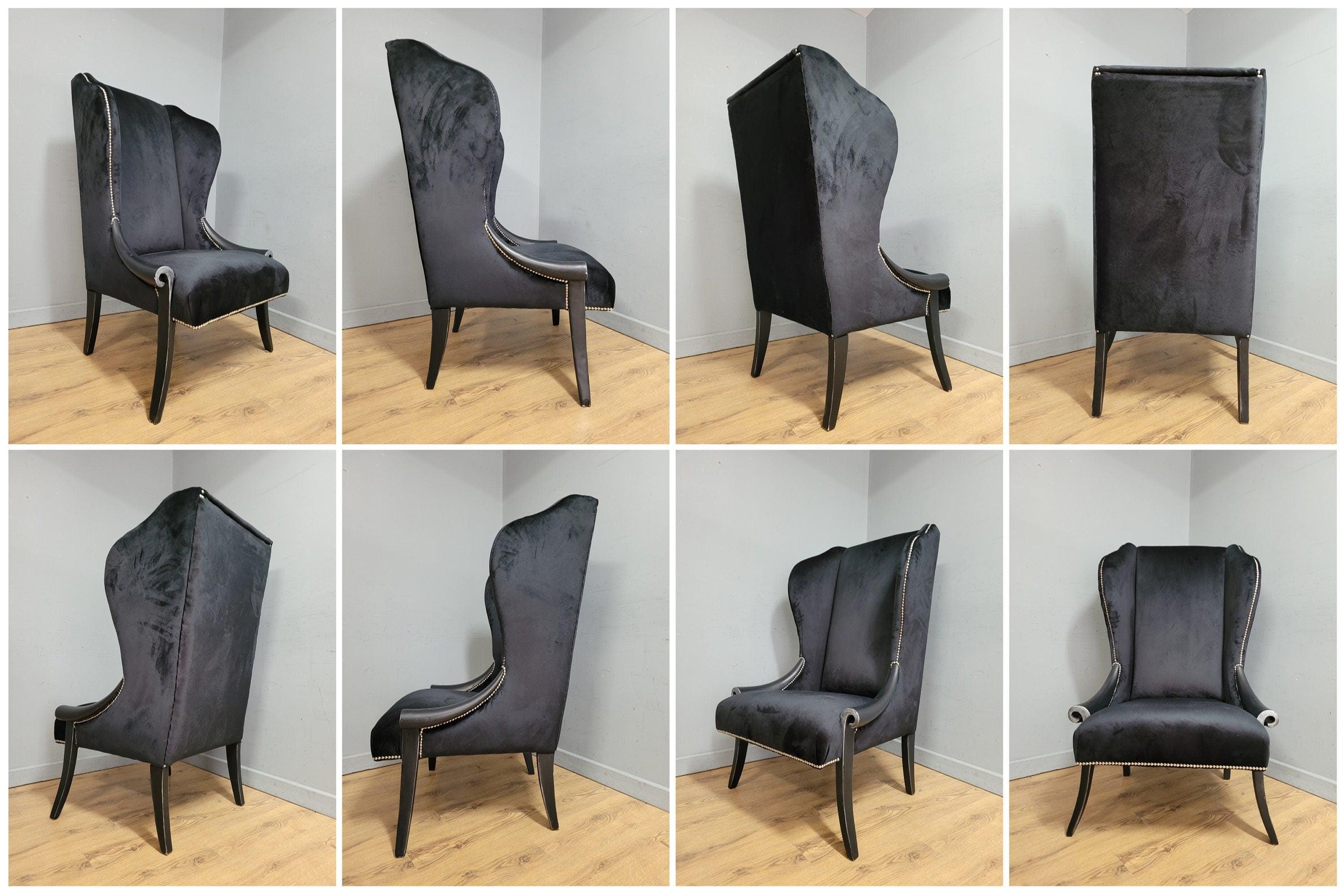 Stylish Upholstered Black Velvet Wingback Armchair Scrolled Arms Chrome Studs