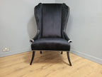 Stylish Upholstered Black Velvet Wingback Armchair Scrolled Arms Chrome Studs