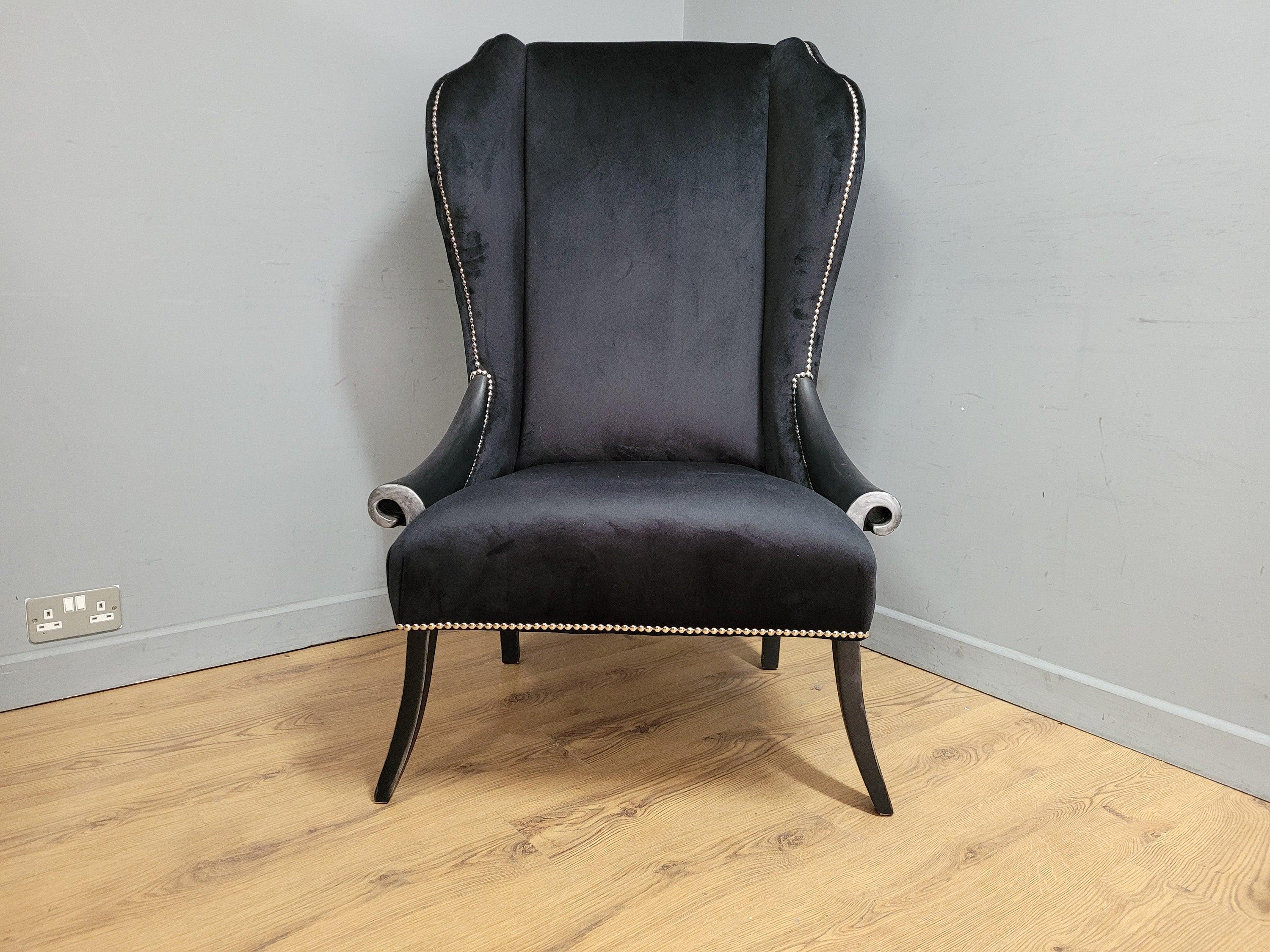 Stylish Upholstered Black Velvet Wingback Armchair Scrolled Arms Chrome Studs