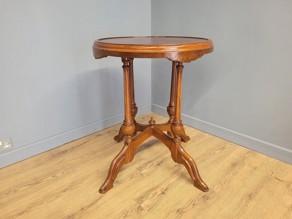Vintage Inlaid Burr Walnut Occasional Table Turned Fluted Legs Finial Detail