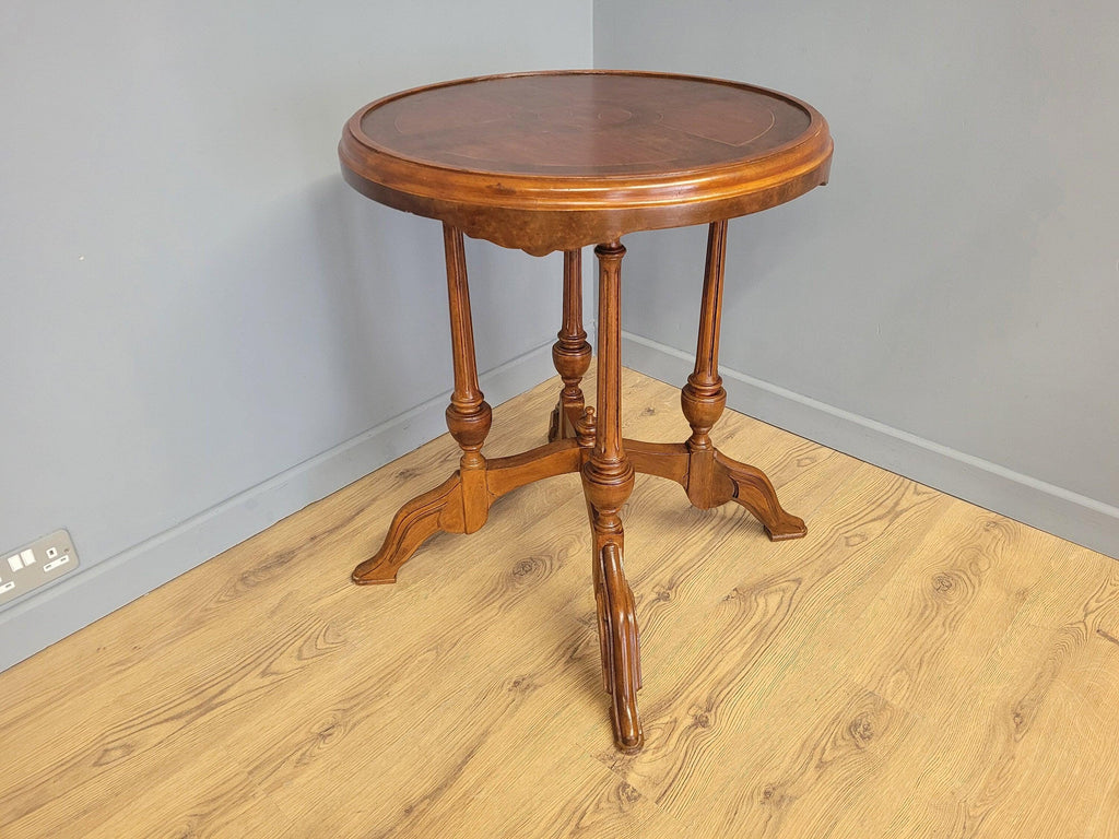 Vintage Inlaid Burr Walnut Occasional Table Turned Fluted Legs Finial Detail