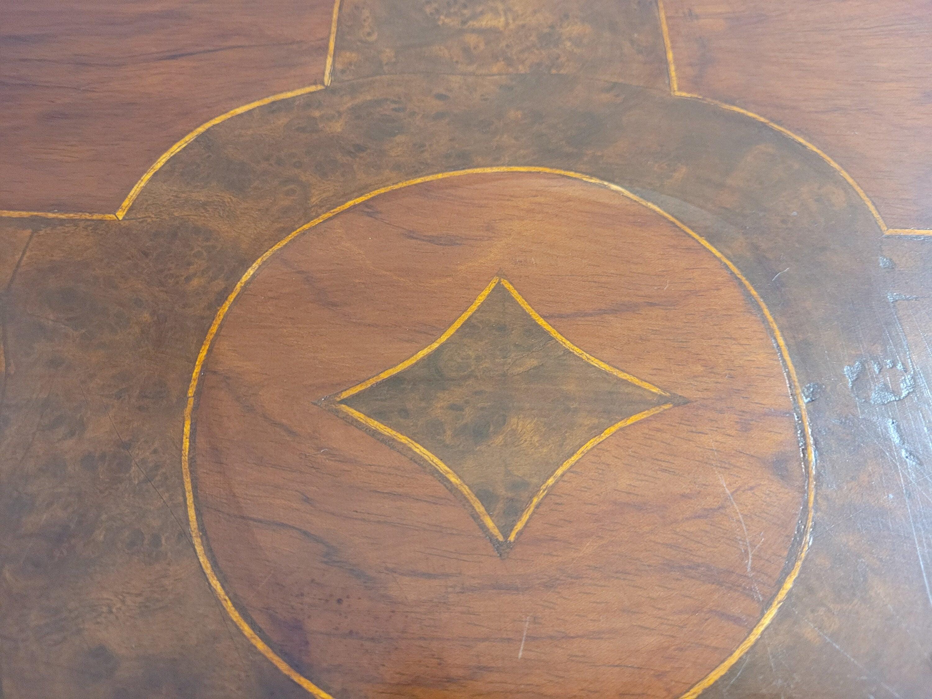 Vintage Inlaid Burr Walnut Occasional Table Turned Fluted Legs Finial Detail
