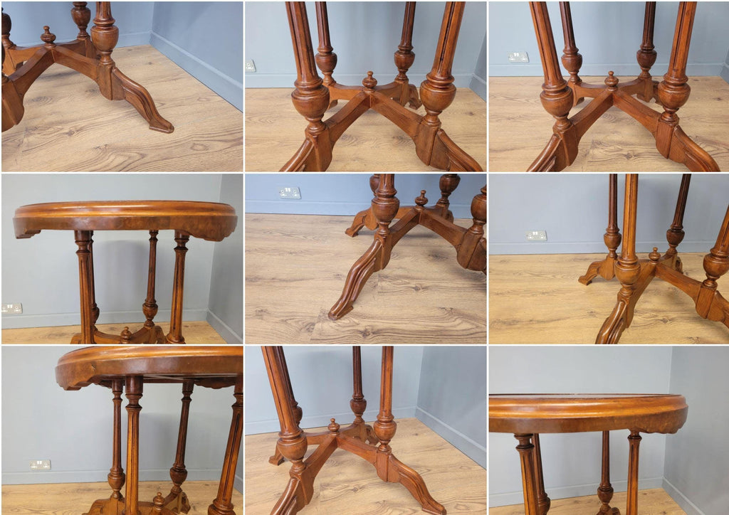 Vintage Inlaid Burr Walnut Occasional Table Turned Fluted Legs Finial Detail